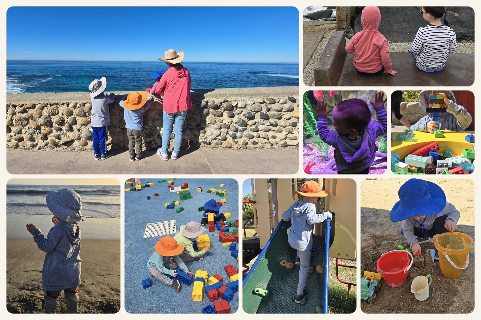 Family memories by the ocean, at an aquarium, building with blocks, climbing at a playground, and playing in the sand